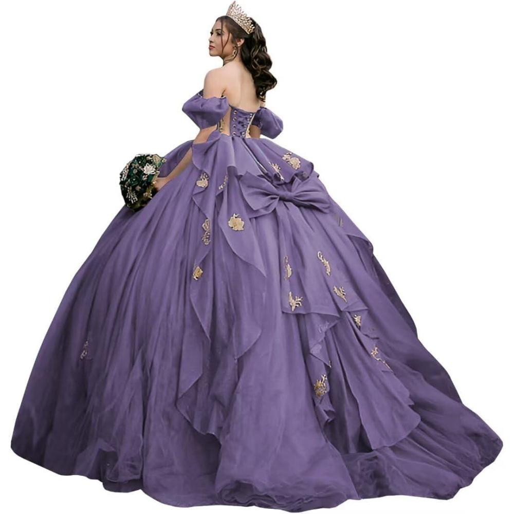 imageYoujiayi Gold Appliques Quinceanera Dresses with Bow Sparkly Beaded Sweet 16 Dresses for Women Off Shoulder Lace Ball GownDusty Purple