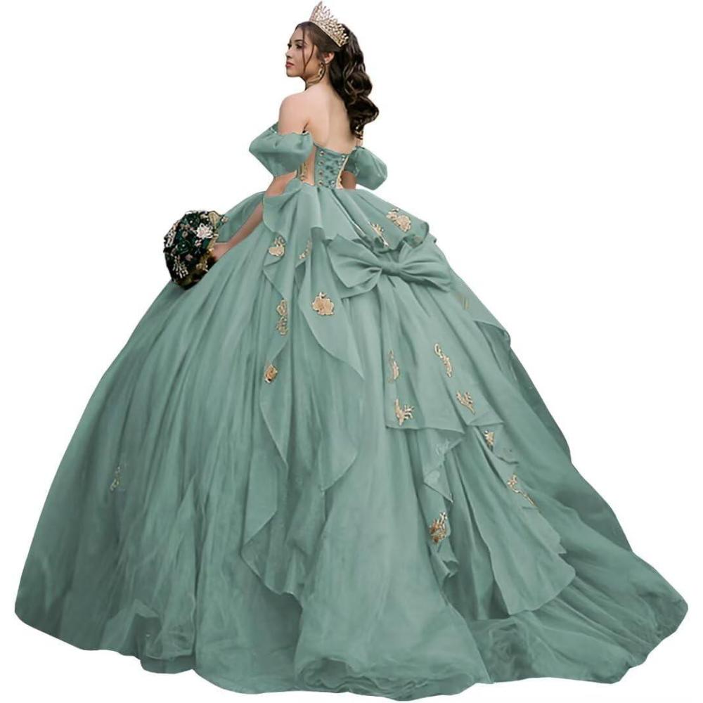 imageYoujiayi Gold Appliques Quinceanera Dresses with Bow Sparkly Beaded Sweet 16 Dresses for Women Off Shoulder Lace Ball GownDusty Sage