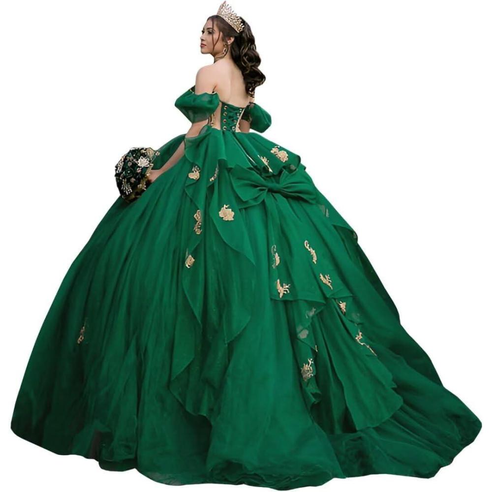 imageYoujiayi Gold Appliques Quinceanera Dresses with Bow Sparkly Beaded Sweet 16 Dresses for Women Off Shoulder Lace Ball GownEmerald Green