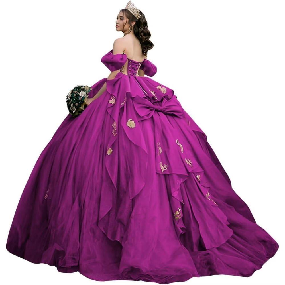 imageYoujiayi Gold Appliques Quinceanera Dresses with Bow Sparkly Beaded Sweet 16 Dresses for Women Off Shoulder Lace Ball GownFuchsia