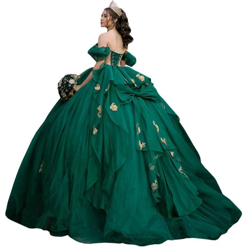 imageYoujiayi Gold Appliques Quinceanera Dresses with Bow Sparkly Beaded Sweet 16 Dresses for Women Off Shoulder Lace Ball GownGreen