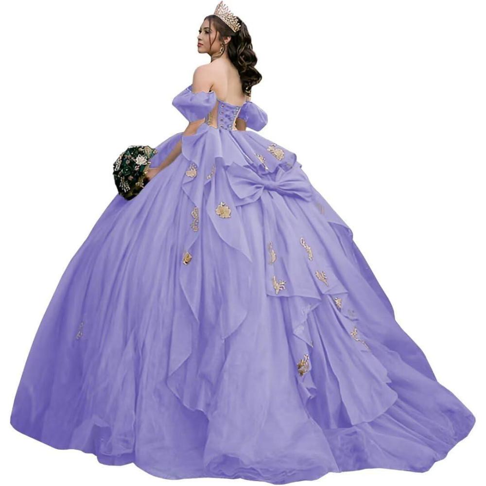 imageYoujiayi Gold Appliques Quinceanera Dresses with Bow Sparkly Beaded Sweet 16 Dresses for Women Off Shoulder Lace Ball GownLavender