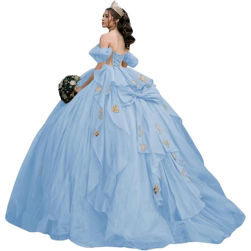 imageYoujiayi Gold Appliques Quinceanera Dresses with Bow Sparkly Beaded Sweet 16 Dresses for Women Off Shoulder Lace Ball GownLight Blue