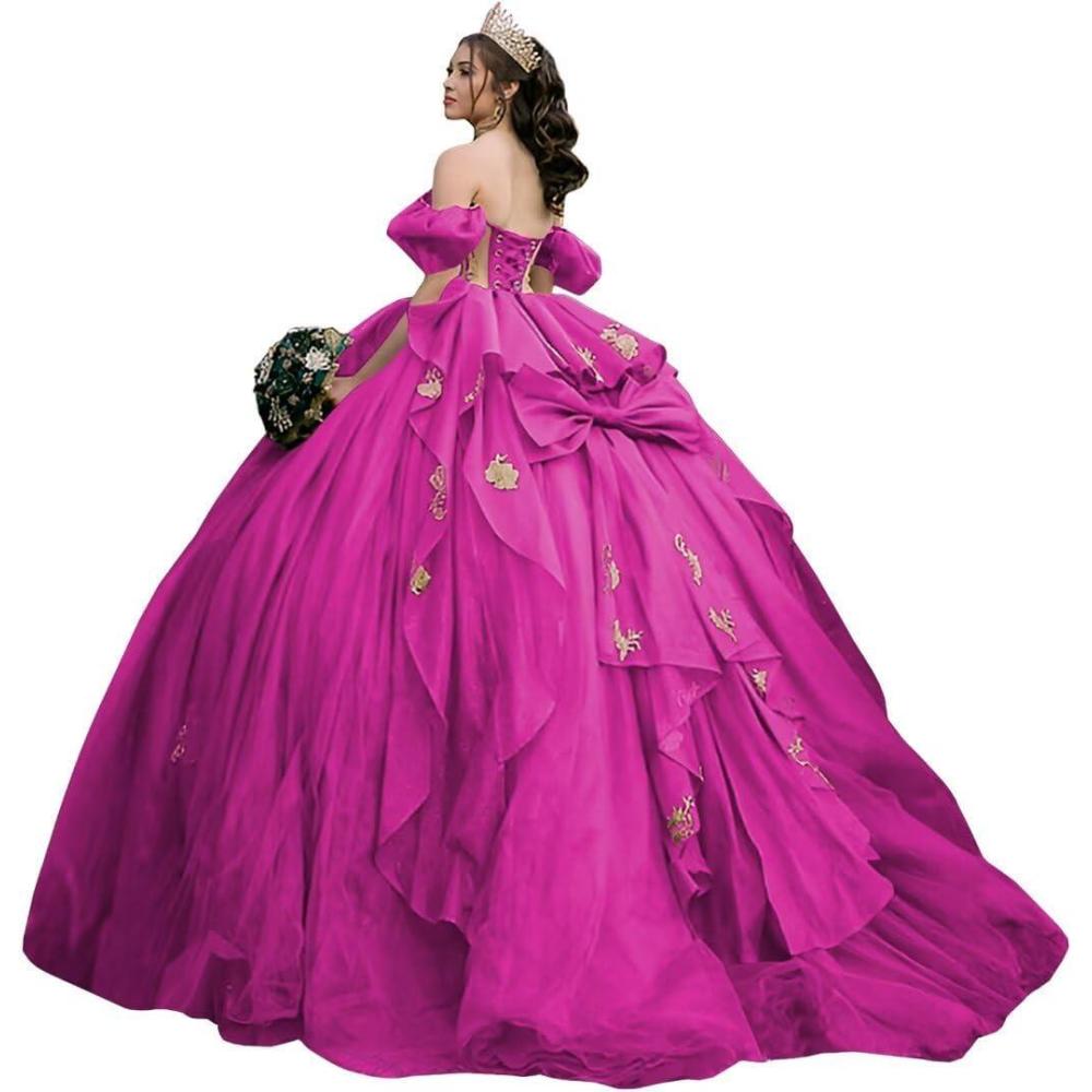 imageYoujiayi Gold Appliques Quinceanera Dresses with Bow Sparkly Beaded Sweet 16 Dresses for Women Off Shoulder Lace Ball GownMagenta