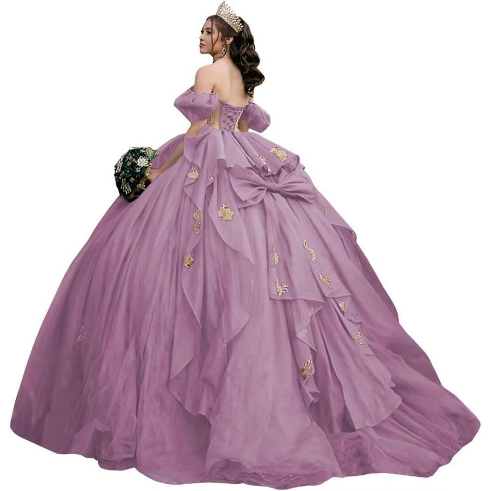 imageYoujiayi Gold Appliques Quinceanera Dresses with Bow Sparkly Beaded Sweet 16 Dresses for Women Off Shoulder Lace Ball GownMauve