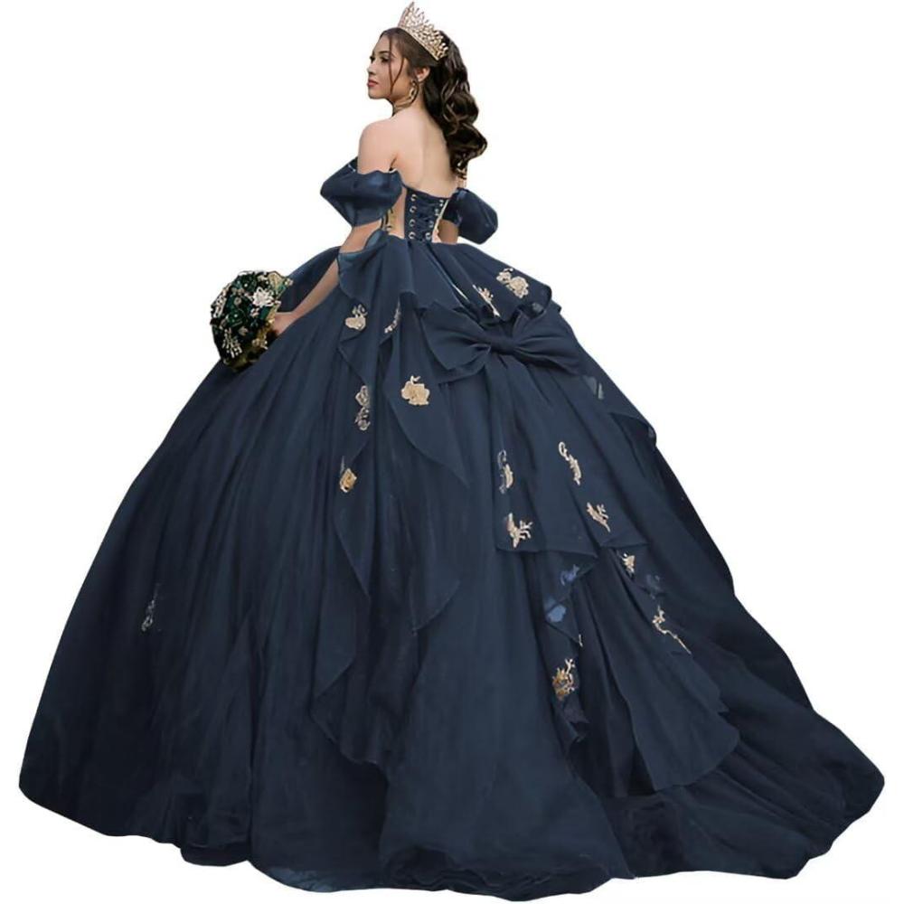 imageYoujiayi Gold Appliques Quinceanera Dresses with Bow Sparkly Beaded Sweet 16 Dresses for Women Off Shoulder Lace Ball GownNavy