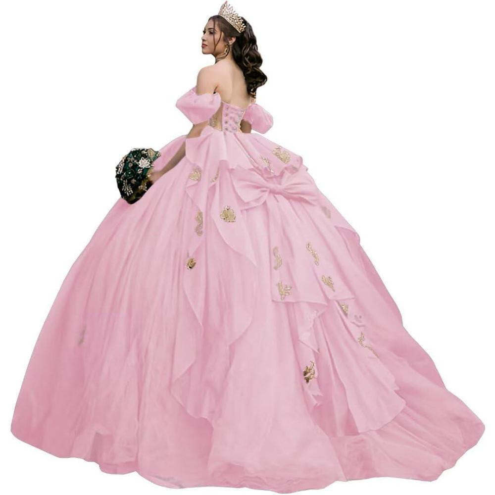imageYoujiayi Gold Appliques Quinceanera Dresses with Bow Sparkly Beaded Sweet 16 Dresses for Women Off Shoulder Lace Ball GownPink