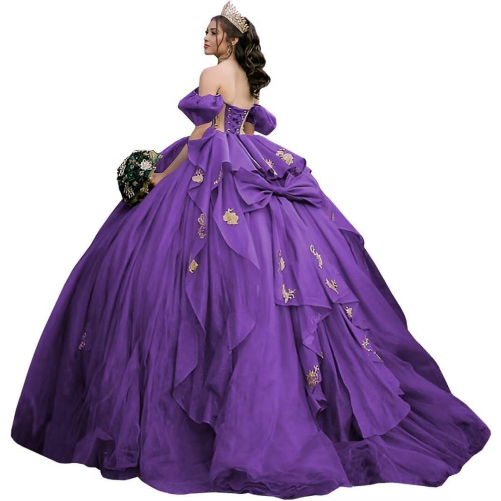 imageYoujiayi Gold Appliques Quinceanera Dresses with Bow Sparkly Beaded Sweet 16 Dresses for Women Off Shoulder Lace Ball GownPurple