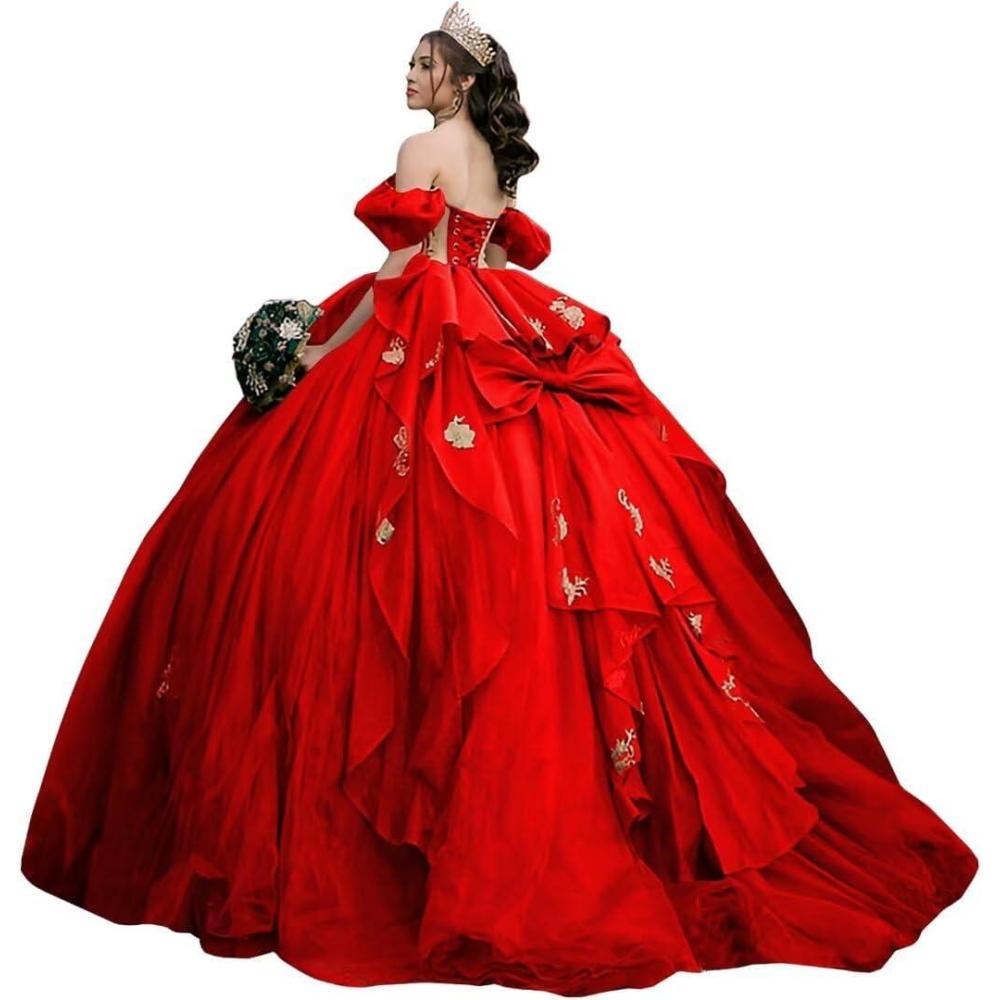 imageYoujiayi Gold Appliques Quinceanera Dresses with Bow Sparkly Beaded Sweet 16 Dresses for Women Off Shoulder Lace Ball GownRed