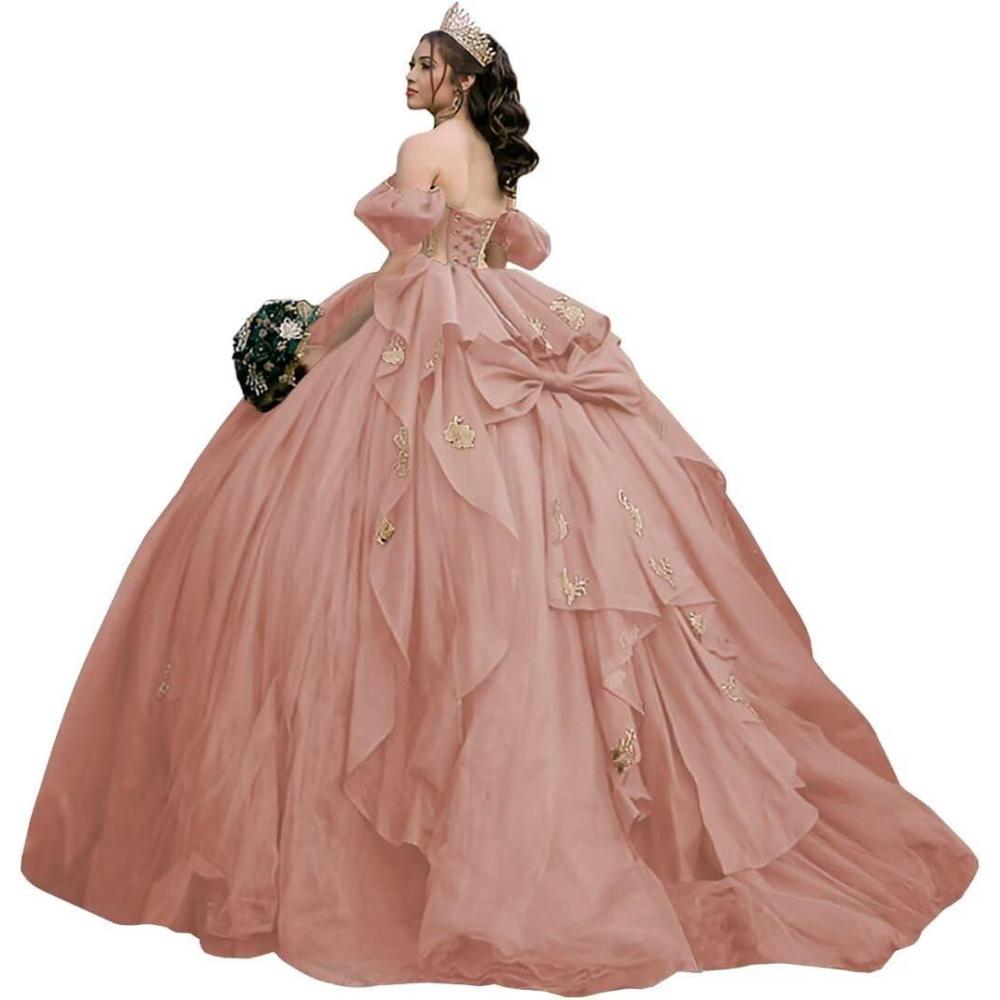 imageYoujiayi Gold Appliques Quinceanera Dresses with Bow Sparkly Beaded Sweet 16 Dresses for Women Off Shoulder Lace Ball GownRose Gold