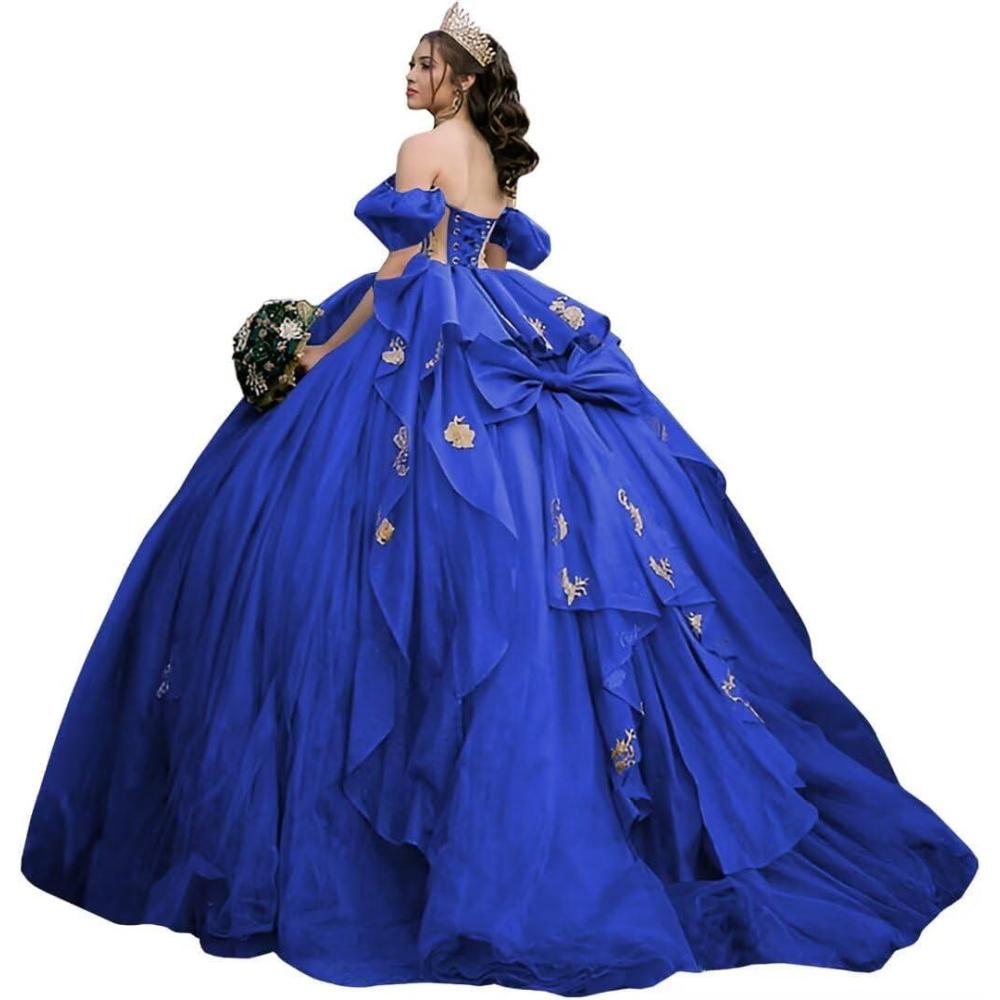 imageYoujiayi Gold Appliques Quinceanera Dresses with Bow Sparkly Beaded Sweet 16 Dresses for Women Off Shoulder Lace Ball GownRoyal Blue