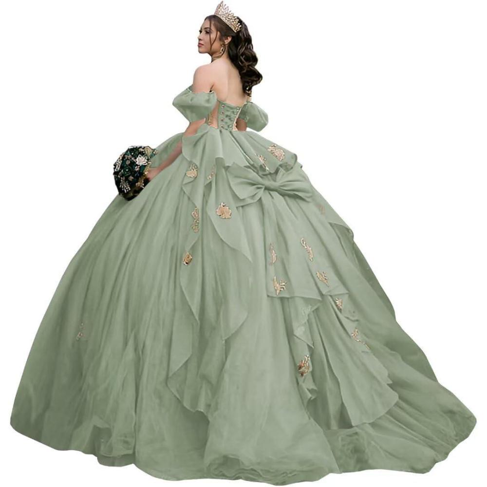 imageYoujiayi Gold Appliques Quinceanera Dresses with Bow Sparkly Beaded Sweet 16 Dresses for Women Off Shoulder Lace Ball GownSage
