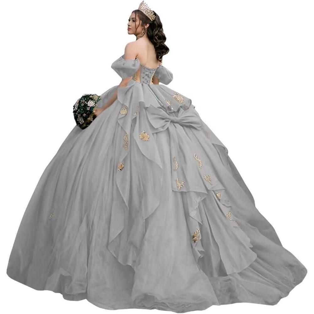 imageYoujiayi Gold Appliques Quinceanera Dresses with Bow Sparkly Beaded Sweet 16 Dresses for Women Off Shoulder Lace Ball GownSilver
