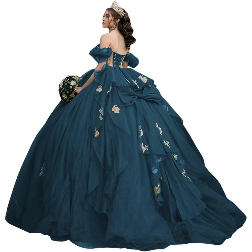 imageYoujiayi Gold Appliques Quinceanera Dresses with Bow Sparkly Beaded Sweet 16 Dresses for Women Off Shoulder Lace Ball GownTeal