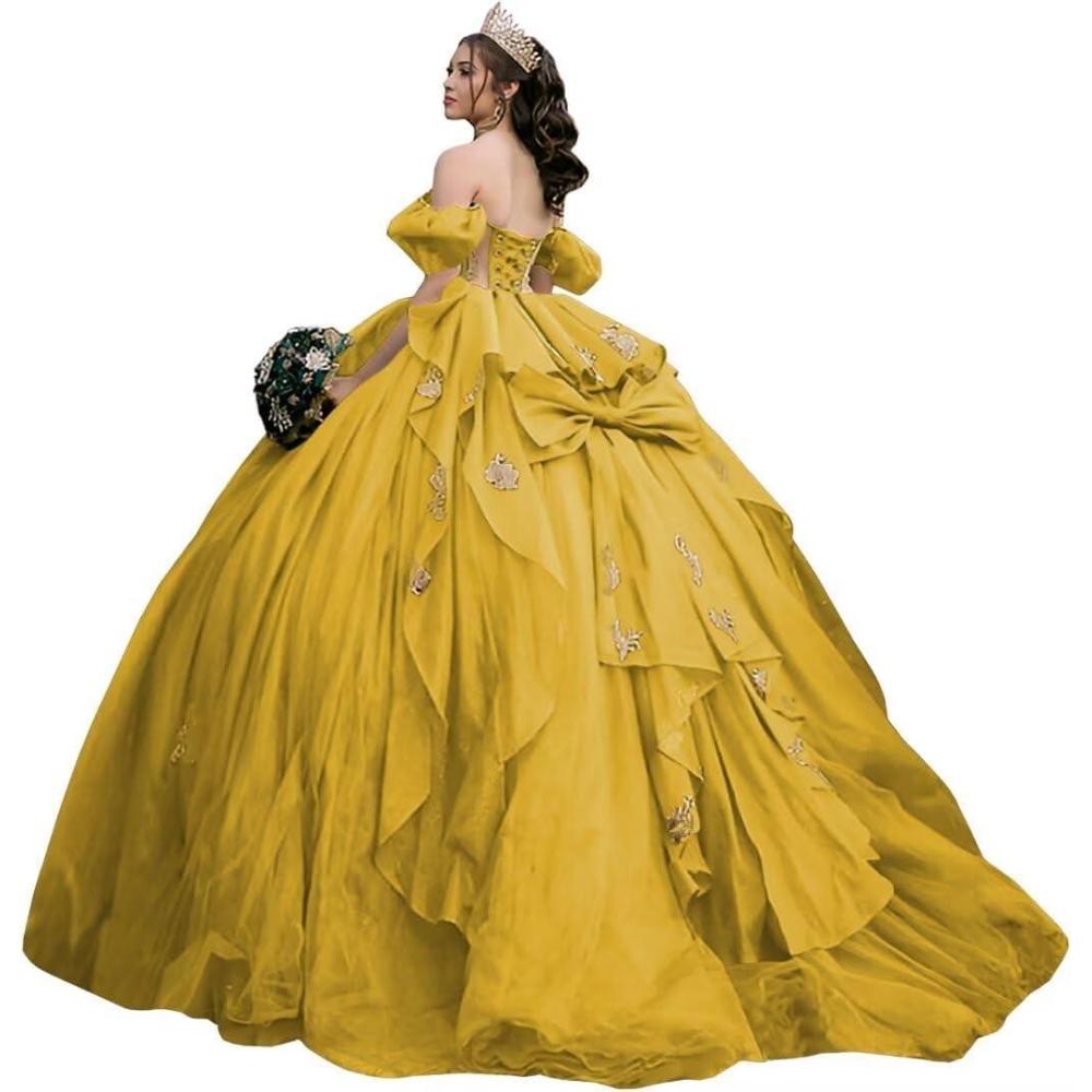imageYoujiayi Gold Appliques Quinceanera Dresses with Bow Sparkly Beaded Sweet 16 Dresses for Women Off Shoulder Lace Ball GownYellow Dark