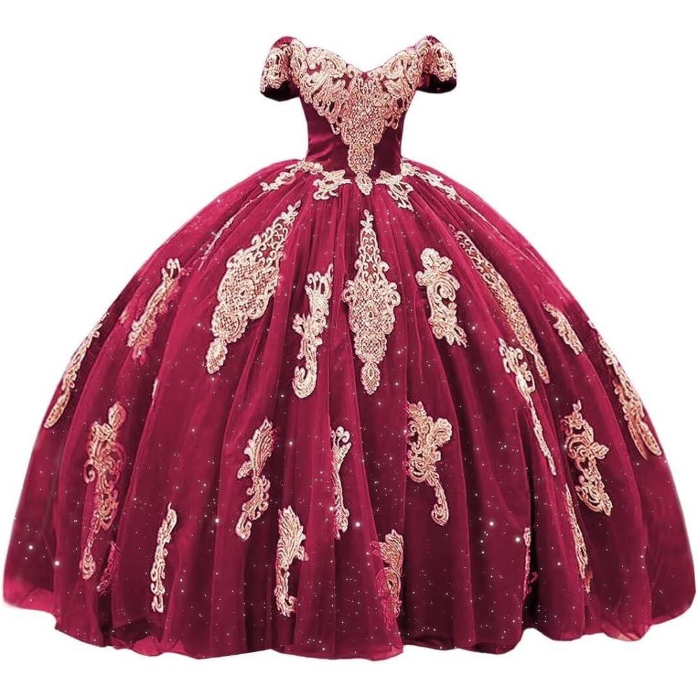 imageYoujiayi Gold Appliques Quinceanera Dresses with Train Puffy Lace Tulle Sweet 16 Dresses Sparkly Off Shoulder Long Ball GownBerry