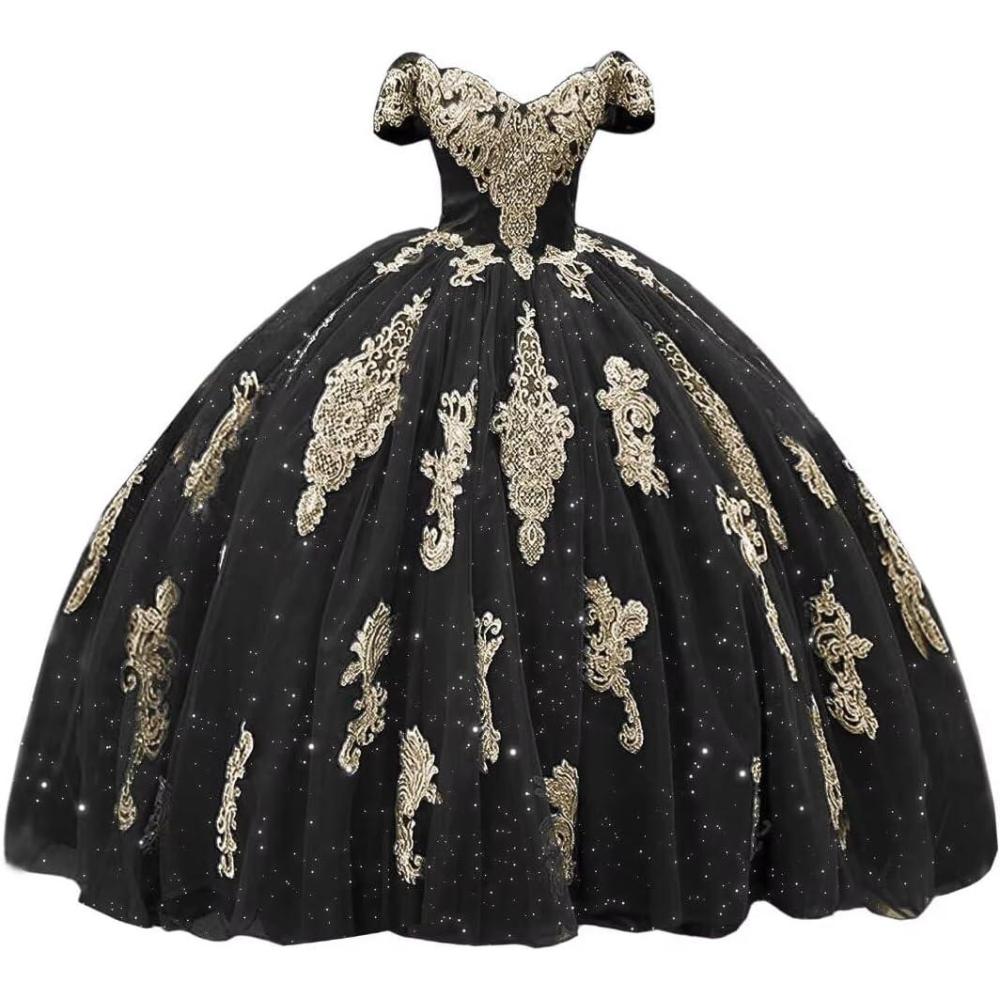 imageYoujiayi Gold Appliques Quinceanera Dresses with Train Puffy Lace Tulle Sweet 16 Dresses Sparkly Off Shoulder Long Ball GownBlack
