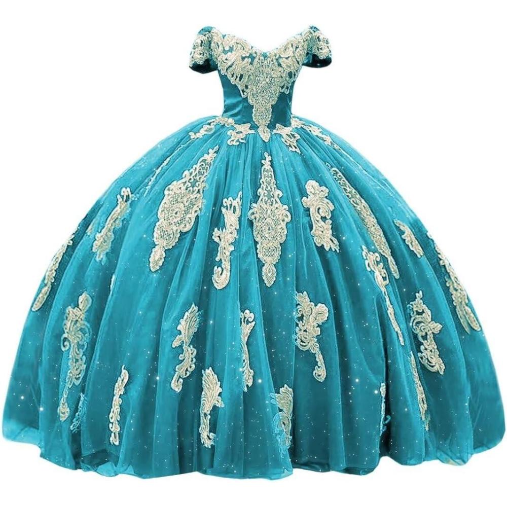 imageYoujiayi Gold Appliques Quinceanera Dresses with Train Puffy Lace Tulle Sweet 16 Dresses Sparkly Off Shoulder Long Ball GownBlue