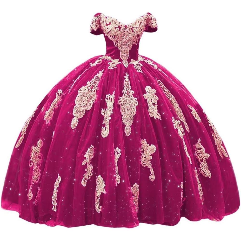 imageYoujiayi Gold Appliques Quinceanera Dresses with Train Puffy Lace Tulle Sweet 16 Dresses Sparkly Off Shoulder Long Ball GownBright Pink