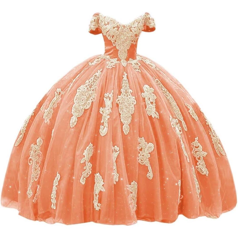 imageYoujiayi Gold Appliques Quinceanera Dresses with Train Puffy Lace Tulle Sweet 16 Dresses Sparkly Off Shoulder Long Ball GownCoral