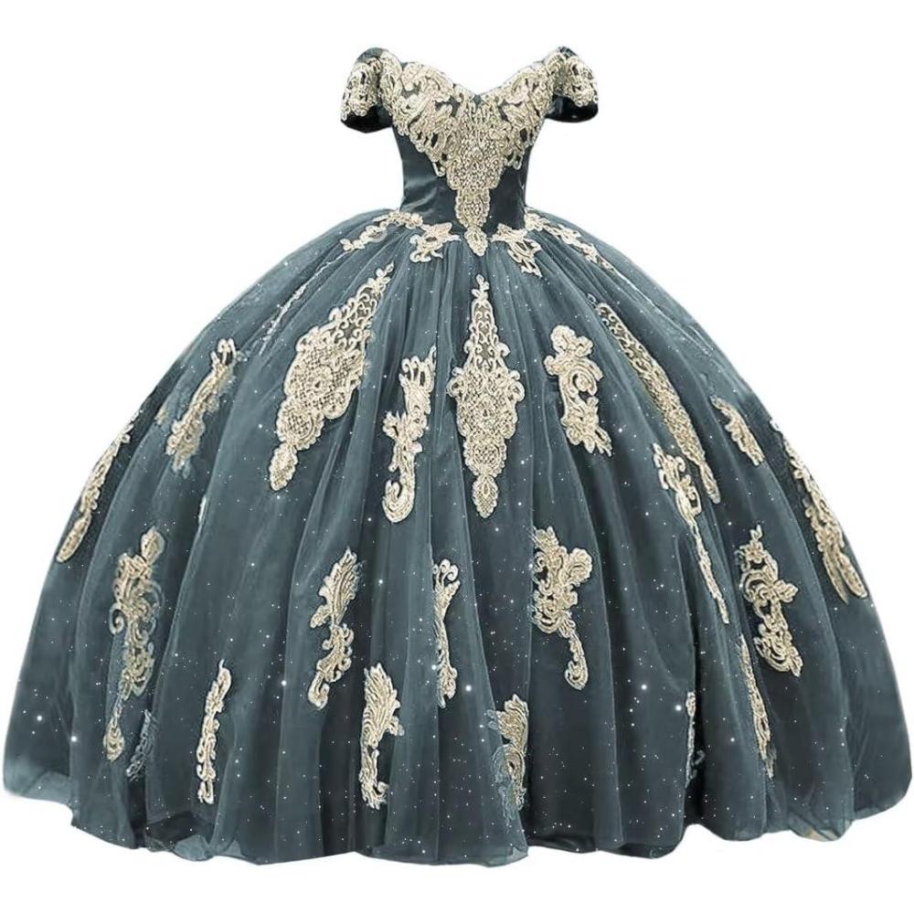 imageYoujiayi Gold Appliques Quinceanera Dresses with Train Puffy Lace Tulle Sweet 16 Dresses Sparkly Off Shoulder Long Ball GownDusty Blue