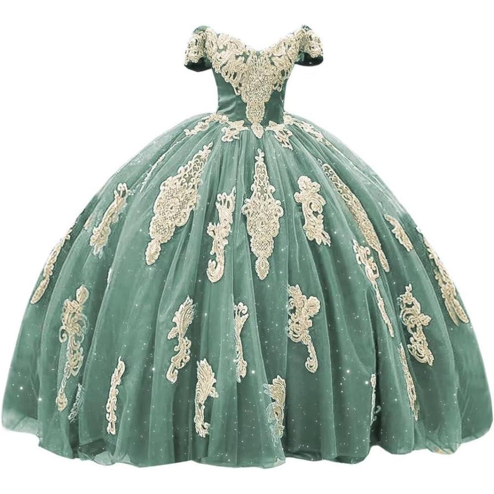imageYoujiayi Gold Appliques Quinceanera Dresses with Train Puffy Lace Tulle Sweet 16 Dresses Sparkly Off Shoulder Long Ball GownDusty Sage