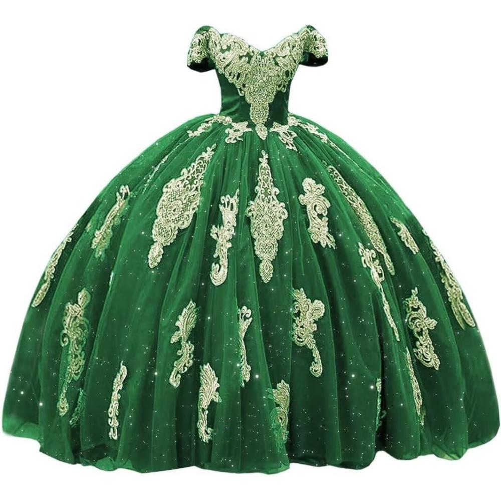 imageYoujiayi Gold Appliques Quinceanera Dresses with Train Puffy Lace Tulle Sweet 16 Dresses Sparkly Off Shoulder Long Ball GownEmerald Green