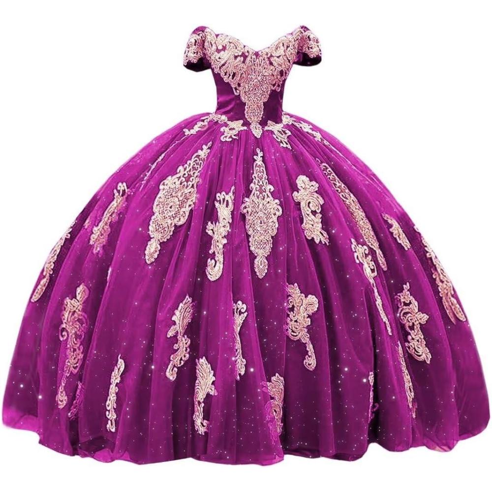 imageYoujiayi Gold Appliques Quinceanera Dresses with Train Puffy Lace Tulle Sweet 16 Dresses Sparkly Off Shoulder Long Ball GownFuchsia