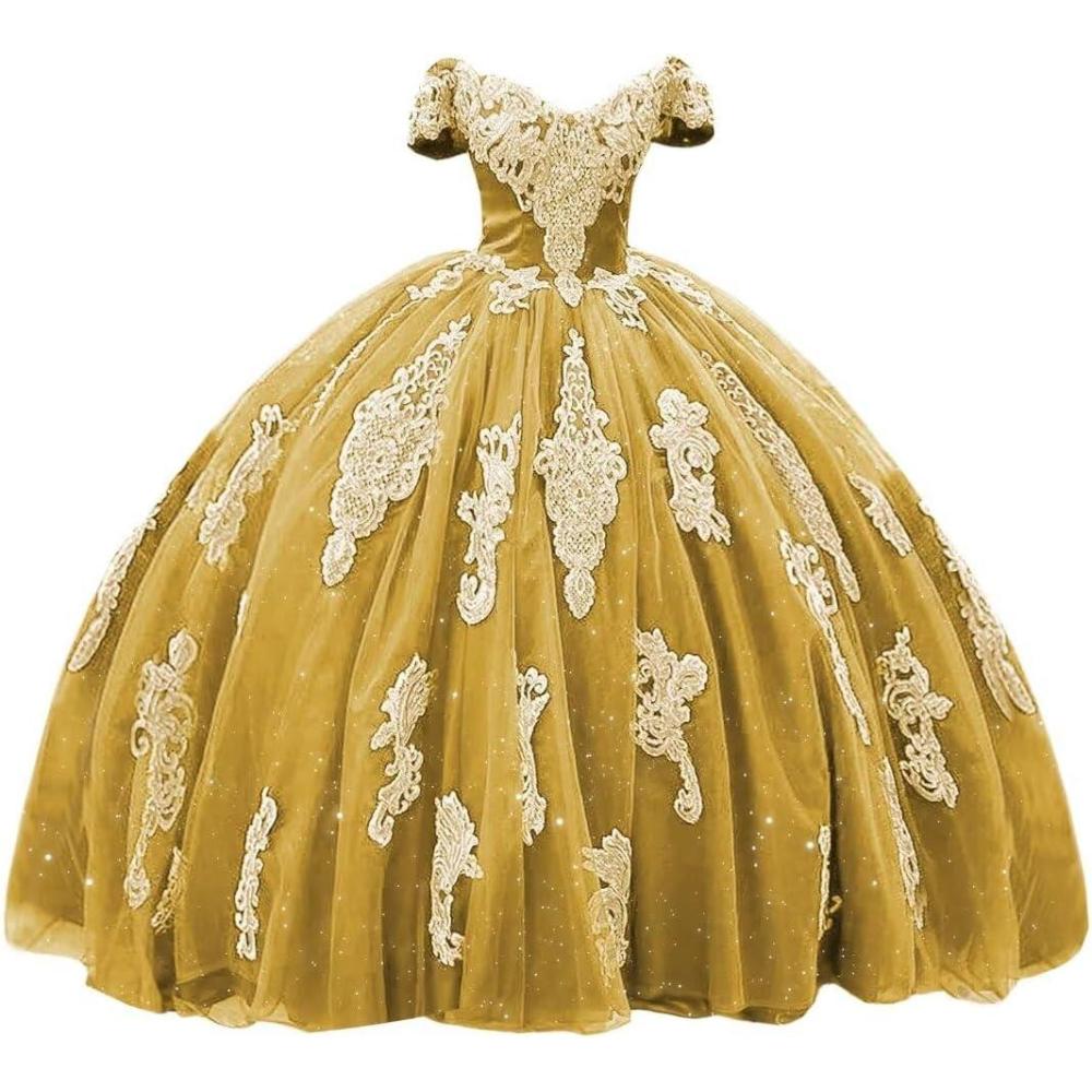 imageYoujiayi Gold Appliques Quinceanera Dresses with Train Puffy Lace Tulle Sweet 16 Dresses Sparkly Off Shoulder Long Ball GownGold