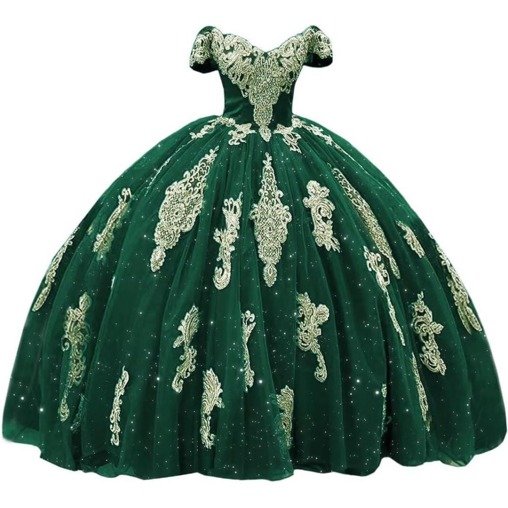 imageYoujiayi Gold Appliques Quinceanera Dresses with Train Puffy Lace Tulle Sweet 16 Dresses Sparkly Off Shoulder Long Ball GownGreen