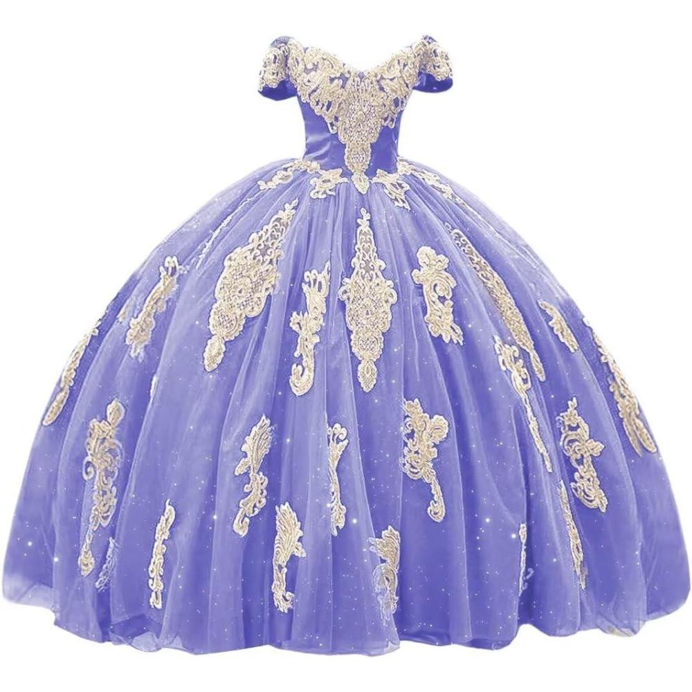imageYoujiayi Gold Appliques Quinceanera Dresses with Train Puffy Lace Tulle Sweet 16 Dresses Sparkly Off Shoulder Long Ball GownLavender