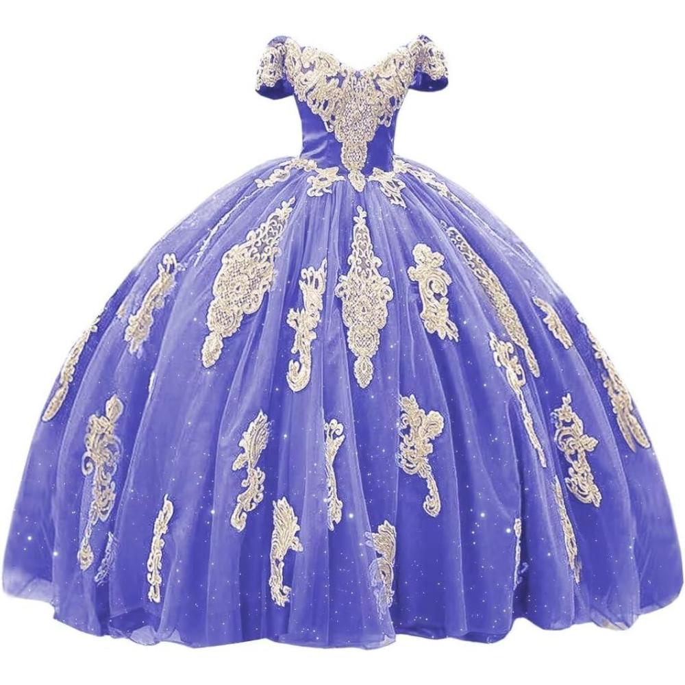 imageYoujiayi Gold Appliques Quinceanera Dresses with Train Puffy Lace Tulle Sweet 16 Dresses Sparkly Off Shoulder Long Ball GownLavender Deep