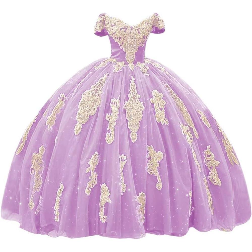 imageYoujiayi Gold Appliques Quinceanera Dresses with Train Puffy Lace Tulle Sweet 16 Dresses Sparkly Off Shoulder Long Ball GownLilac