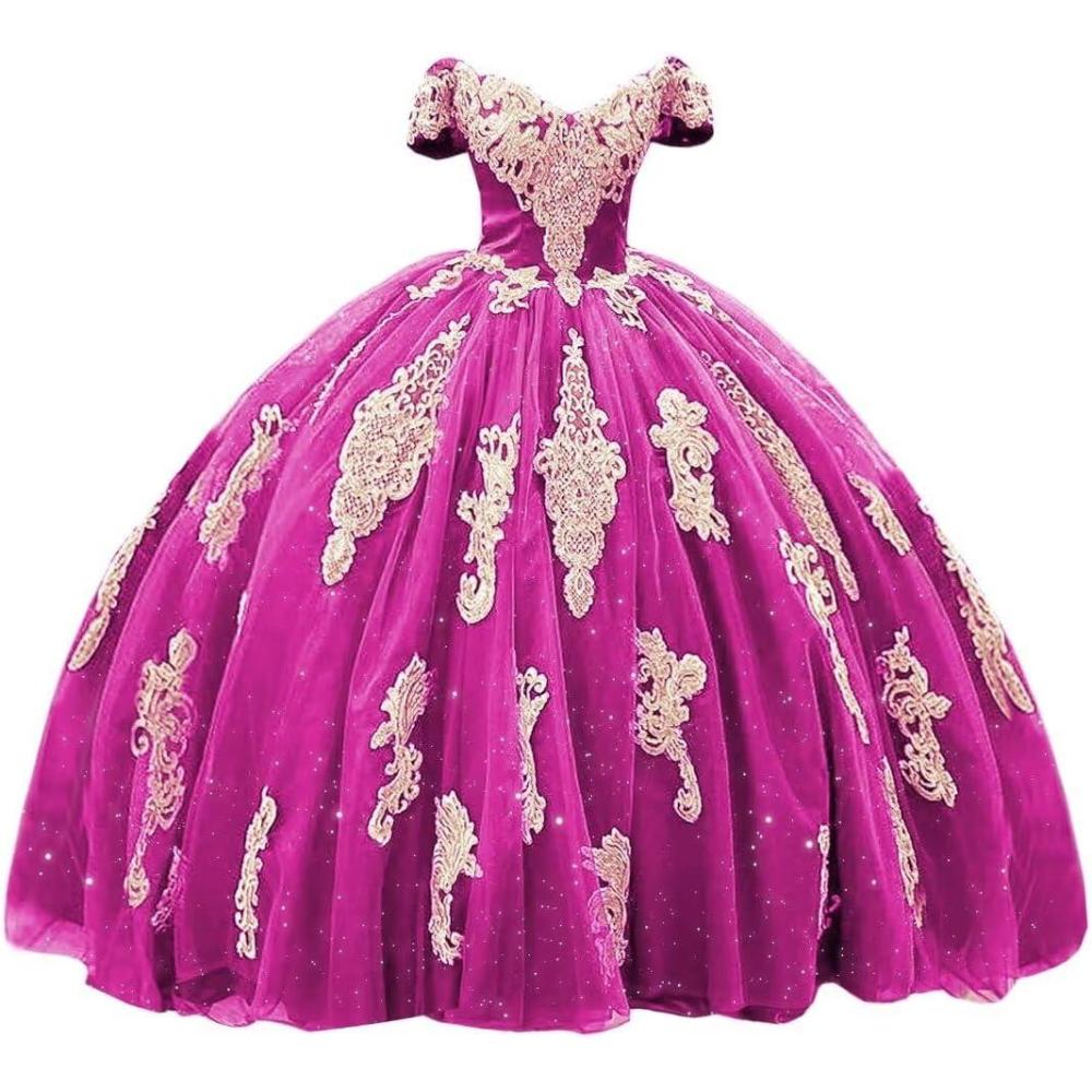 imageYoujiayi Gold Appliques Quinceanera Dresses with Train Puffy Lace Tulle Sweet 16 Dresses Sparkly Off Shoulder Long Ball GownMagenta