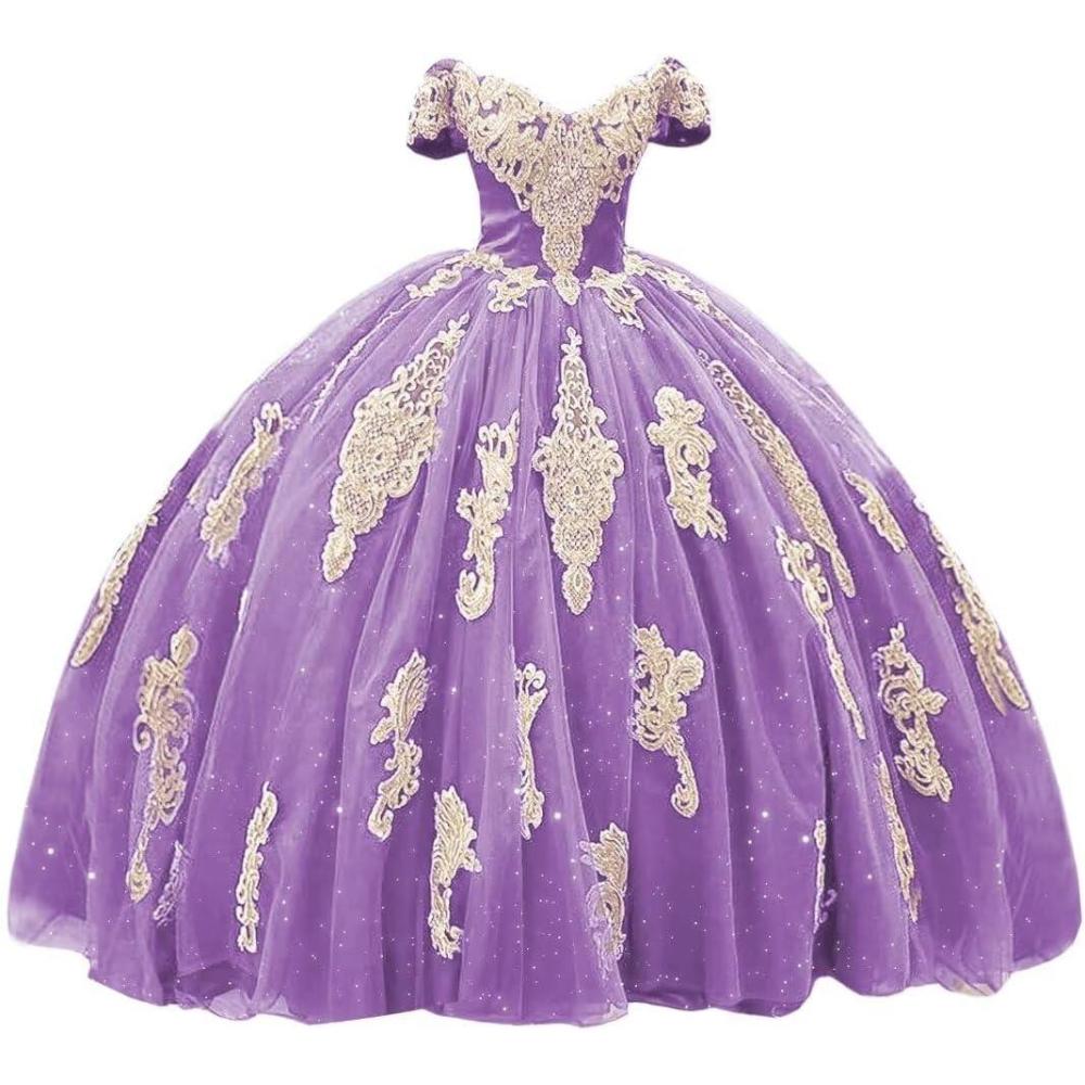 imageYoujiayi Gold Appliques Quinceanera Dresses with Train Puffy Lace Tulle Sweet 16 Dresses Sparkly Off Shoulder Long Ball GownMauve