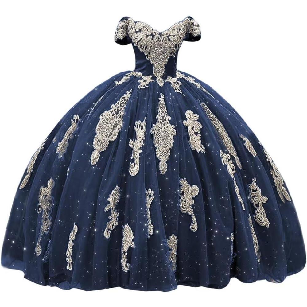 imageYoujiayi Gold Appliques Quinceanera Dresses with Train Puffy Lace Tulle Sweet 16 Dresses Sparkly Off Shoulder Long Ball GownNavy