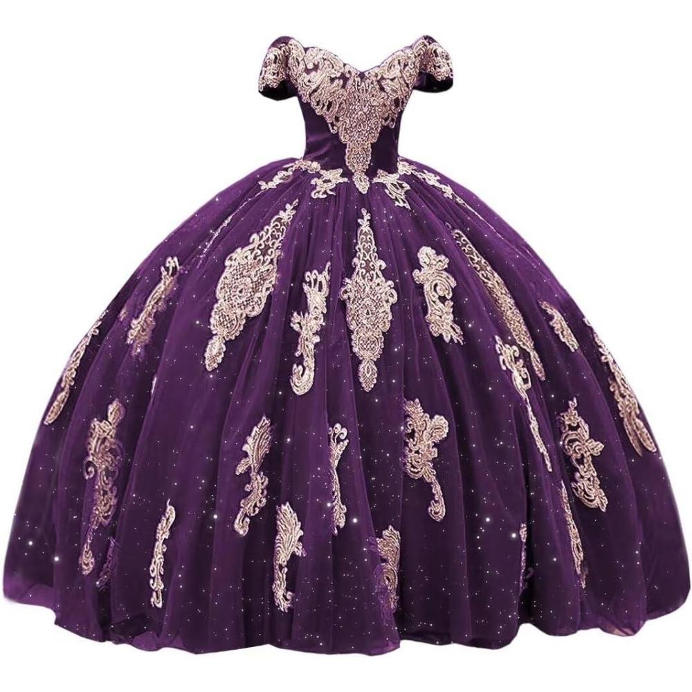 imageYoujiayi Gold Appliques Quinceanera Dresses with Train Puffy Lace Tulle Sweet 16 Dresses Sparkly Off Shoulder Long Ball GownPlum