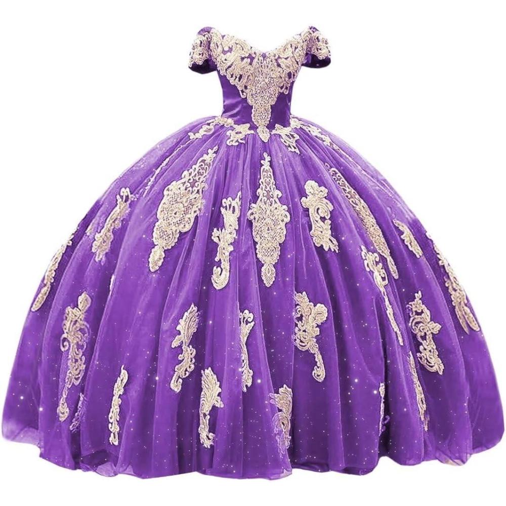 imageYoujiayi Gold Appliques Quinceanera Dresses with Train Puffy Lace Tulle Sweet 16 Dresses Sparkly Off Shoulder Long Ball GownPurple