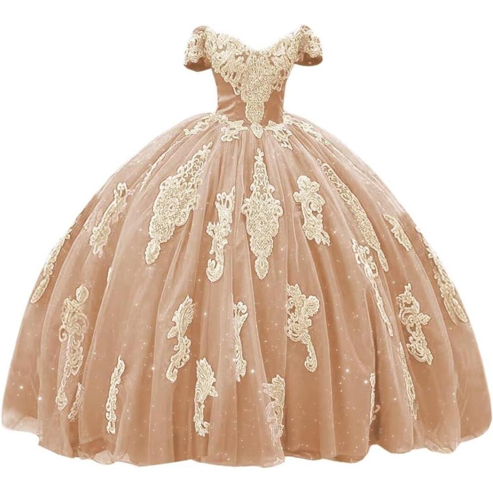 imageYoujiayi Gold Appliques Quinceanera Dresses with Train Puffy Lace Tulle Sweet 16 Dresses Sparkly Off Shoulder Long Ball GownRose Gold