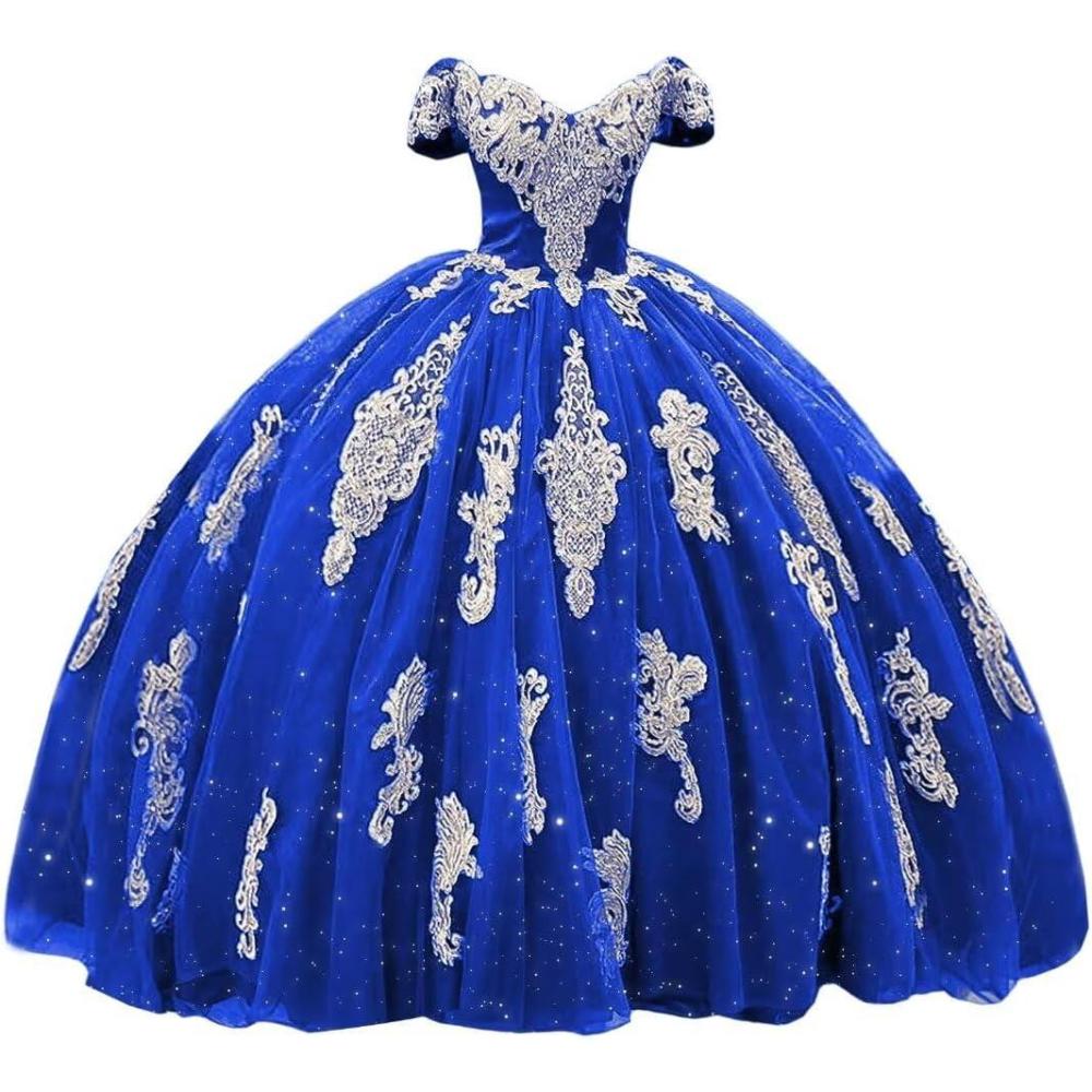 imageYoujiayi Gold Appliques Quinceanera Dresses with Train Puffy Lace Tulle Sweet 16 Dresses Sparkly Off Shoulder Long Ball GownRoyal Blue
