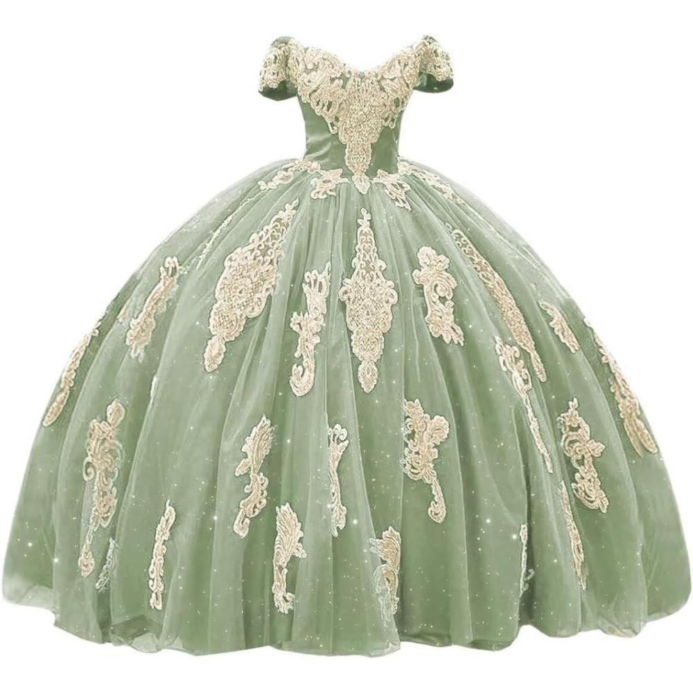 imageYoujiayi Gold Appliques Quinceanera Dresses with Train Puffy Lace Tulle Sweet 16 Dresses Sparkly Off Shoulder Long Ball GownSage
