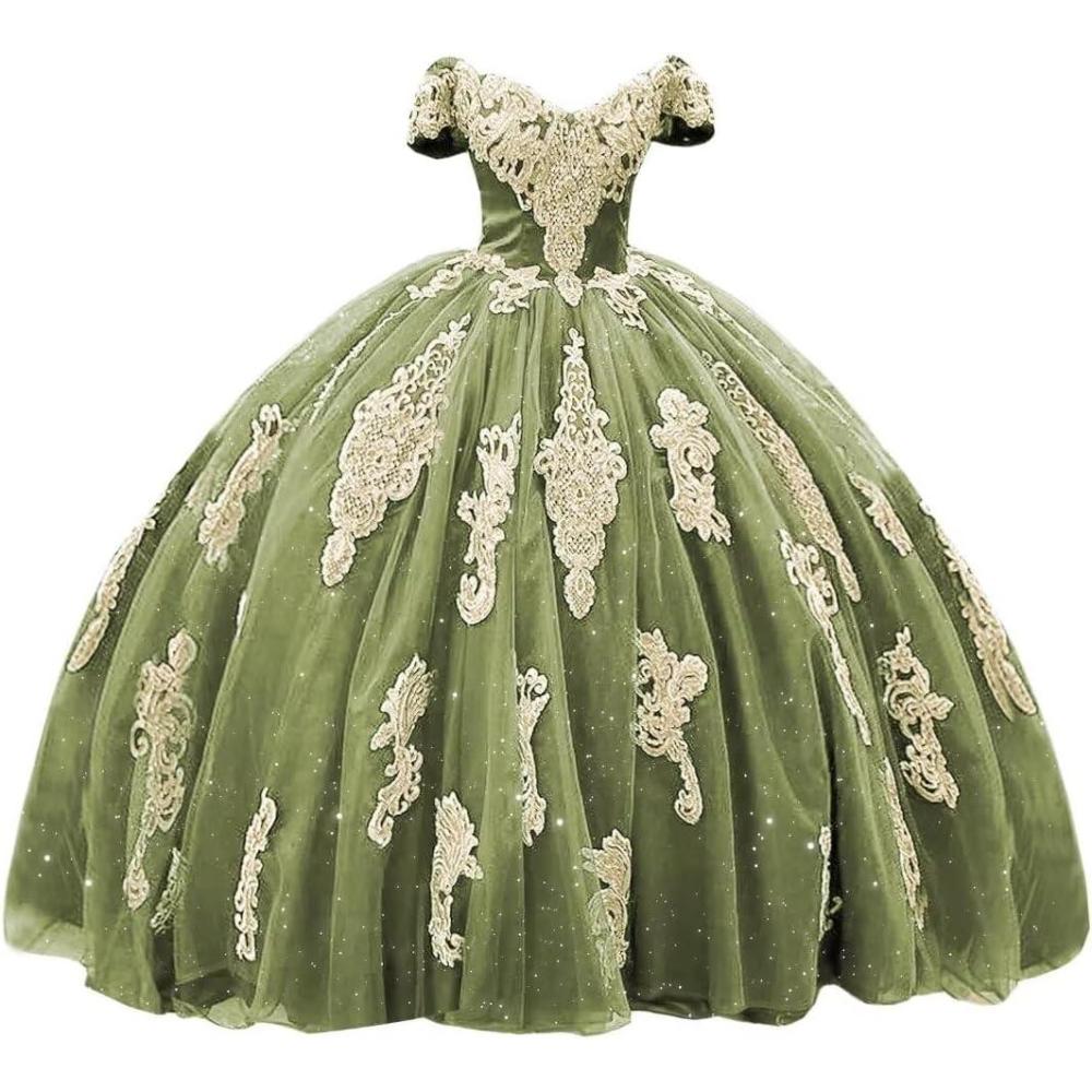 imageYoujiayi Gold Appliques Quinceanera Dresses with Train Puffy Lace Tulle Sweet 16 Dresses Sparkly Off Shoulder Long Ball GownSage Green