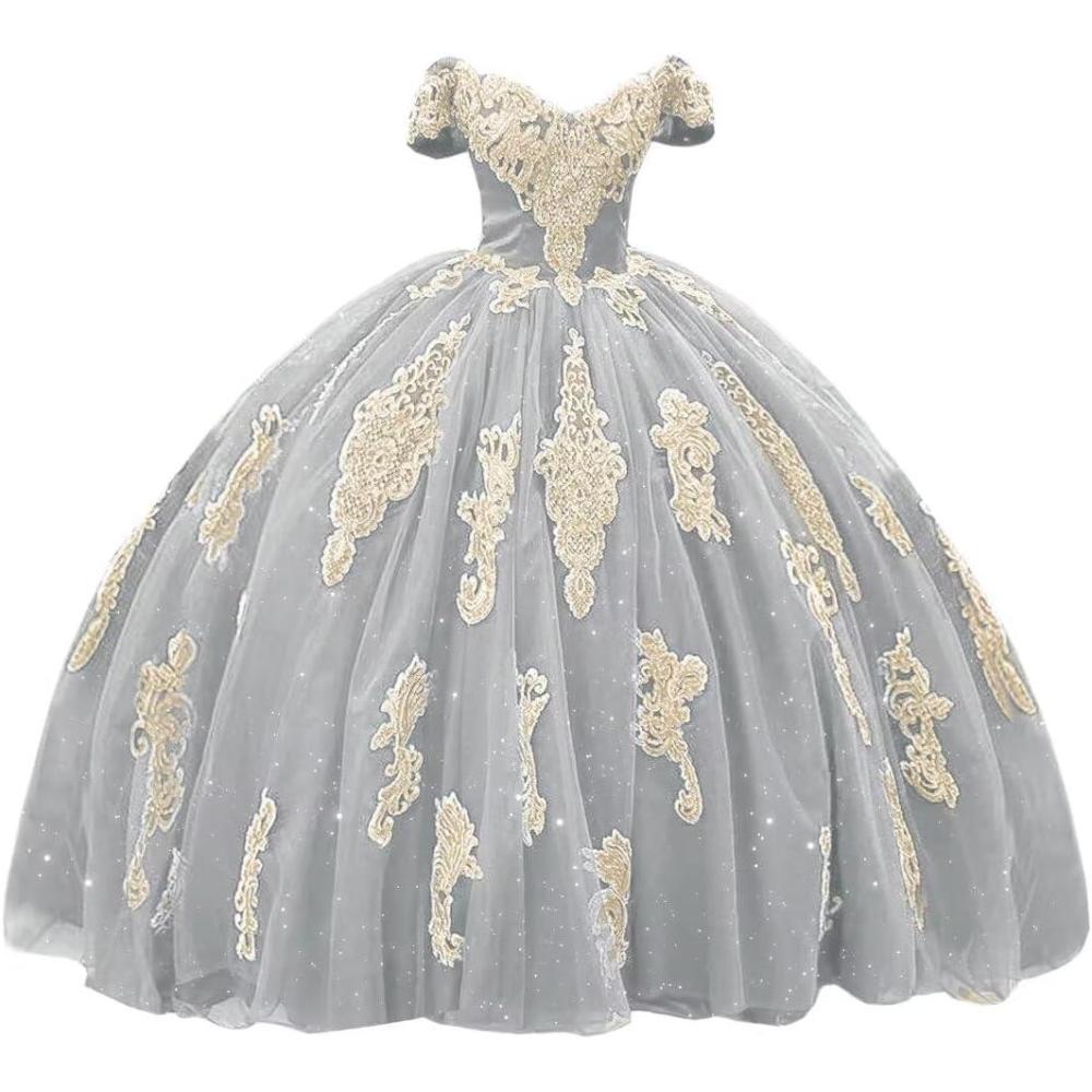 imageYoujiayi Gold Appliques Quinceanera Dresses with Train Puffy Lace Tulle Sweet 16 Dresses Sparkly Off Shoulder Long Ball GownSilver