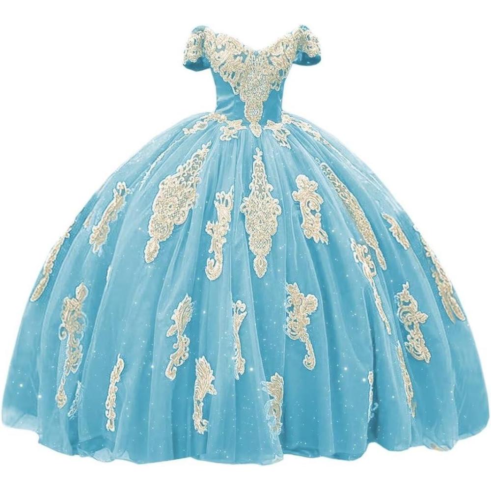 imageYoujiayi Gold Appliques Quinceanera Dresses with Train Puffy Lace Tulle Sweet 16 Dresses Sparkly Off Shoulder Long Ball GownSky Blue