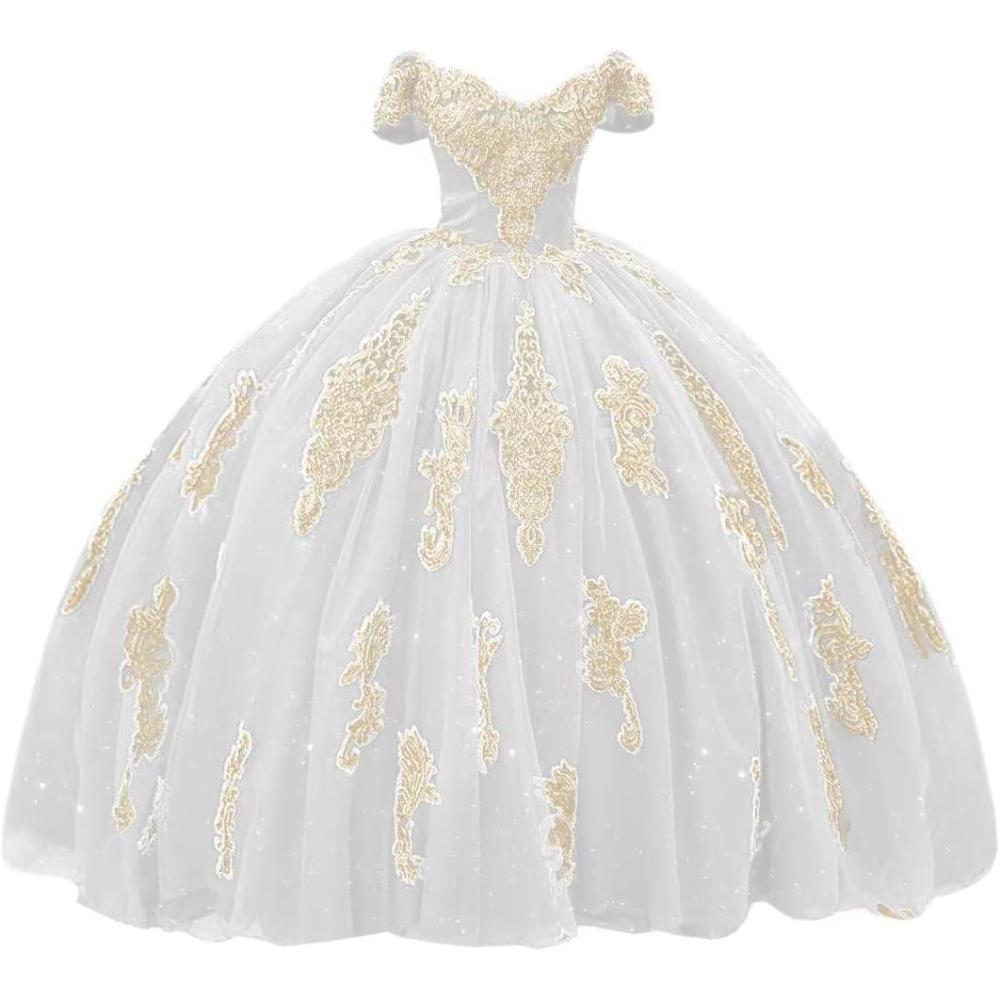 imageYoujiayi Gold Appliques Quinceanera Dresses with Train Puffy Lace Tulle Sweet 16 Dresses Sparkly Off Shoulder Long Ball GownTurquoise