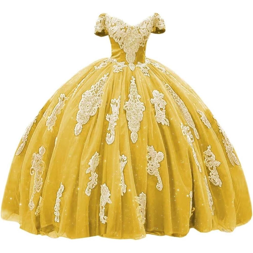 imageYoujiayi Gold Appliques Quinceanera Dresses with Train Puffy Lace Tulle Sweet 16 Dresses Sparkly Off Shoulder Long Ball GownYellow Dark