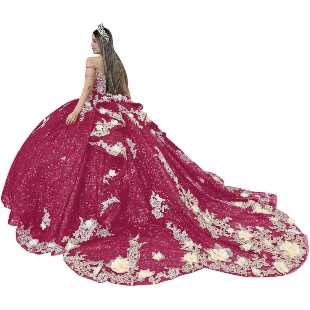 imageYoujiayi Gold Appliques Quinceanera Dresses with Train Spaghetti Strap Lace Sweet 16 Dresses Layered Ruffles Beaded Ball GownBerry