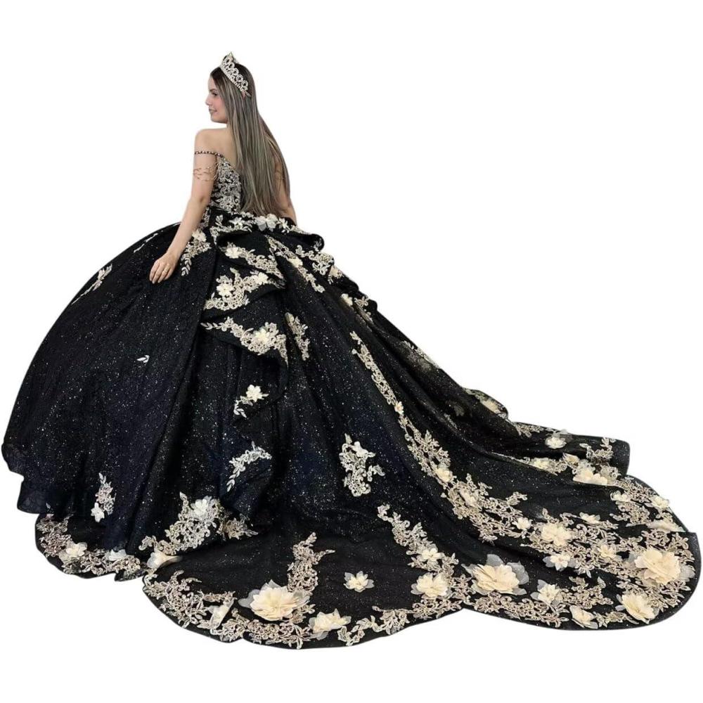imageYoujiayi Gold Appliques Quinceanera Dresses with Train Spaghetti Strap Lace Sweet 16 Dresses Layered Ruffles Beaded Ball GownBlack
