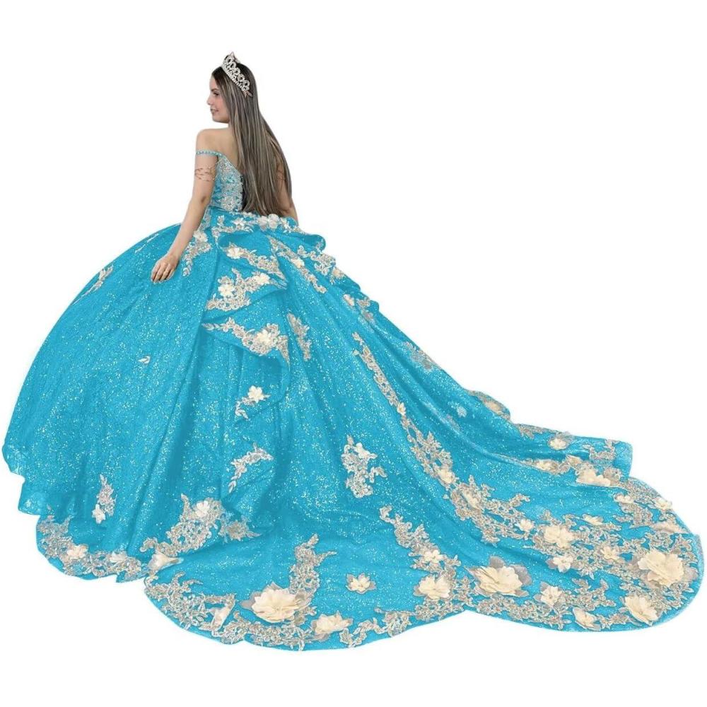 imageYoujiayi Gold Appliques Quinceanera Dresses with Train Spaghetti Strap Lace Sweet 16 Dresses Layered Ruffles Beaded Ball GownBlue