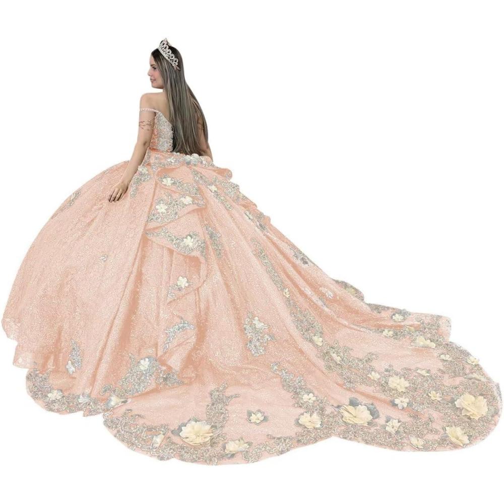 imageYoujiayi Gold Appliques Quinceanera Dresses with Train Spaghetti Strap Lace Sweet 16 Dresses Layered Ruffles Beaded Ball GownBlush Pink